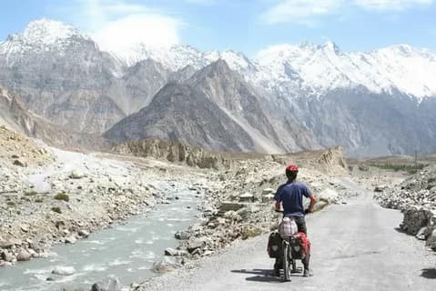 Bicycles on the Karakoram Highway with mountain views