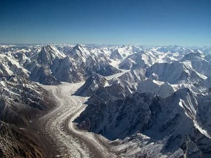 Aerial view of the Baltoro glacier winding between rows of snow-covered peaks