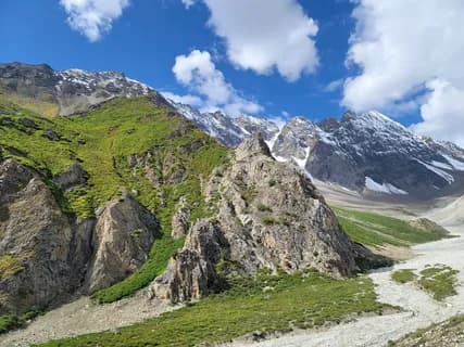 Grassy slope with a rocky outcrop rising above a glacial river bed, snow peaks under cumulus clouds