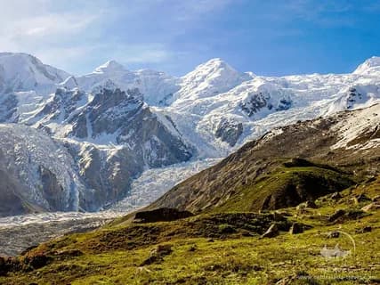 Green alpine meadow in the foreground below the glacier-hung snow face of a high peak