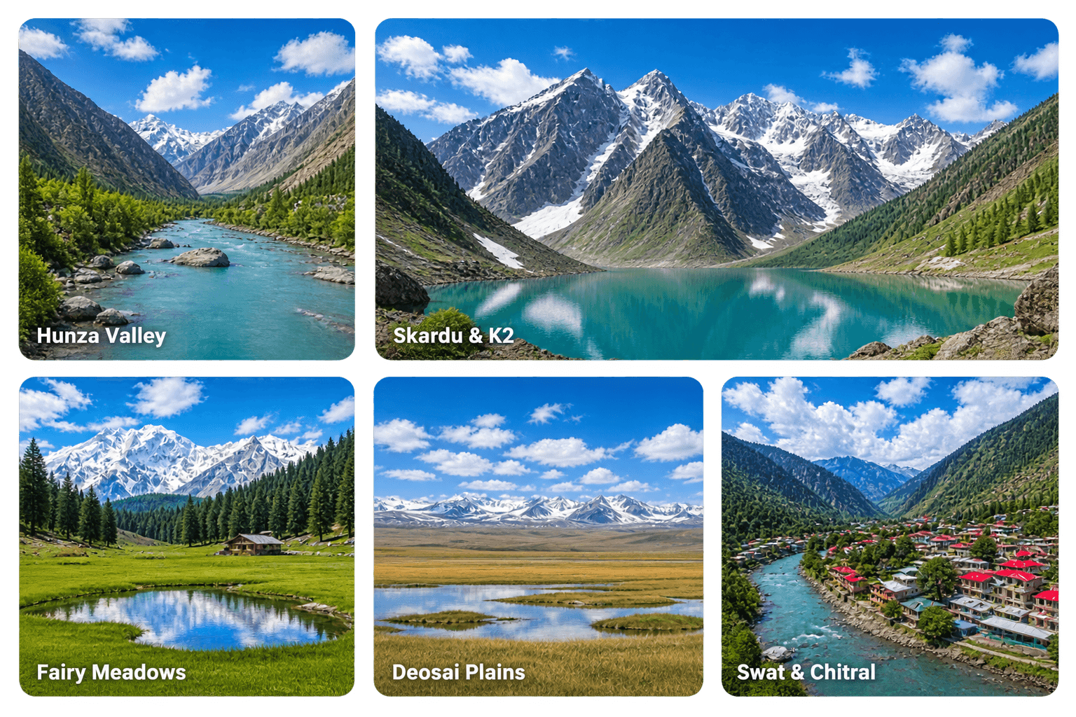 Grid of labelled destination photographs: Hunza Valley river, Skardu and K2 peaks reflected in a lake, a horse at Fairy Meadows, the Deosai plains and the Swat and Chitral valley